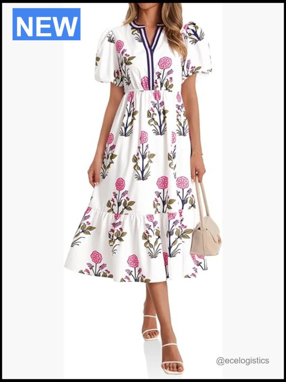 Floral Print Puff Short Sleeve V Neck Maxi Dress A-Line Flowy Beach Vacation